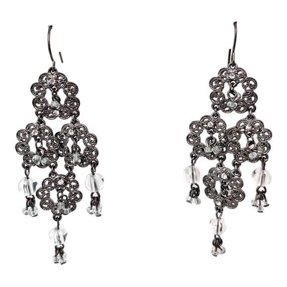 Boutique Earrings Hematite Tone Chandelier Style Crystals Dangle Women's 1H - Picture 2 of 4